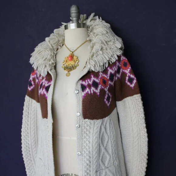 ODD MOLLY Anthropologie wool Fair Isles fisherman fringe cardigan sweater Aztec