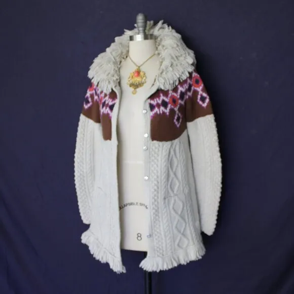 ODD MOLLY Anthropologie wool Fair Isles fisherman fringe cardigan sweater Aztec
