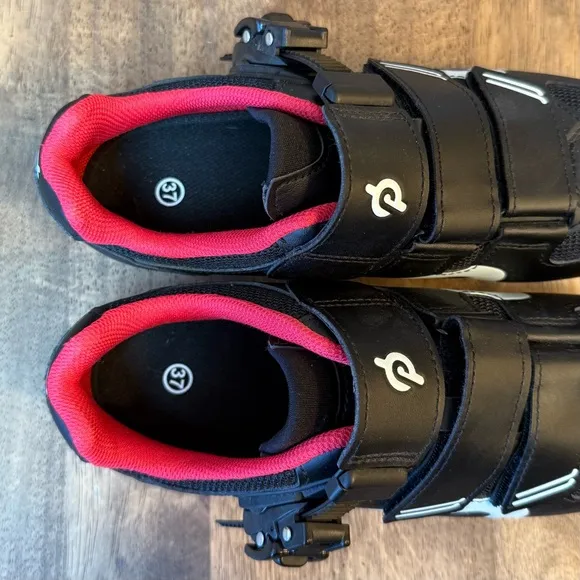 Peloton Cycling Shoes w/Delta Cleats Hook-And-Latch Closure Black Red Size EU 37