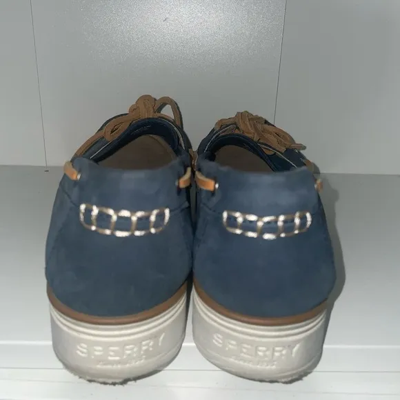 Platform sperry loafers lace up boating shoes navy blue sneakers tennis shoes