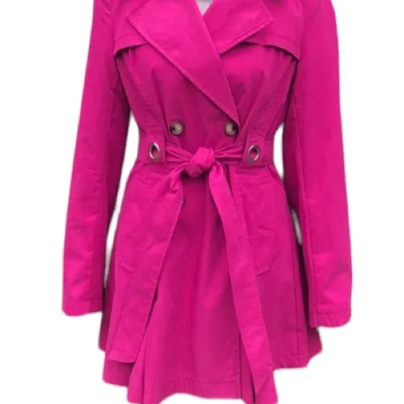 Princess Style Trench Coat Belt Double Breasted Pleated Hot Pink Size Large