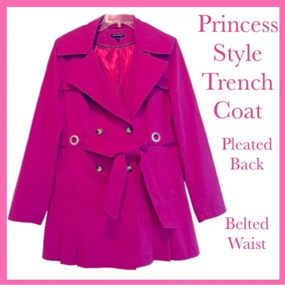 Princess Style Trench Coat Belt Double Breasted Pleated Hot Pink Size Large