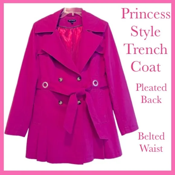 Princess Style Trench Coat Belt Double Breasted Pleated Hot Pink Size Large