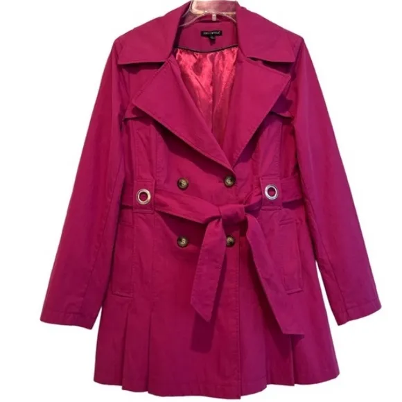 Princess Style Trench Coat Belt Double Breasted Pleated Hot Pink Size Large