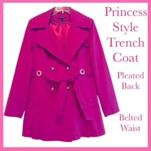 Princess Style Trench Coat Belt Double Breasted Pleated Hot Pink Size Large