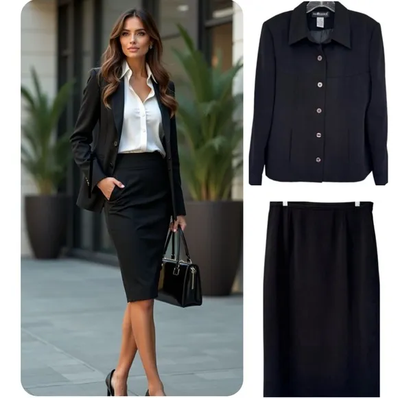 Professional Power Suit Blazer Skirt Set Executive Dress Jacket Work Event Black