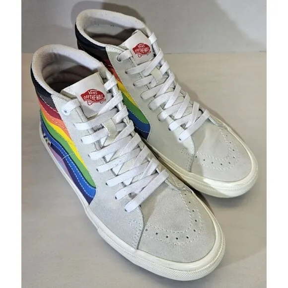 Rare Vans Men's Skate Sk8-Hi Pride White Multi Rainbow  Sneakers Size 9.5
