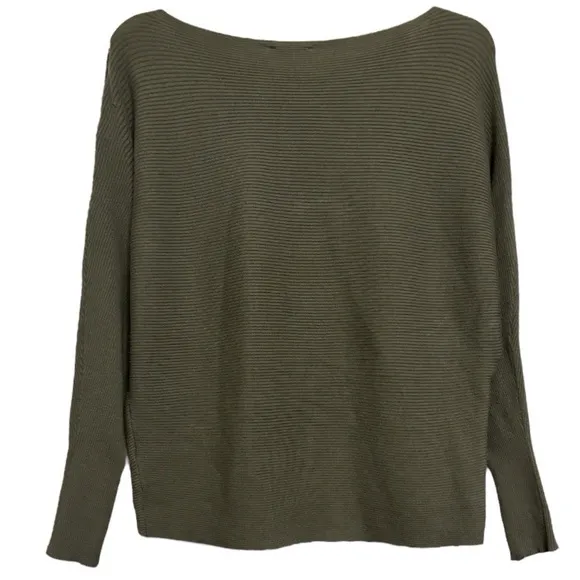 Ribbed Knit Sweater Long Sleeve Lightweight Viscose Olive Green Size Medium