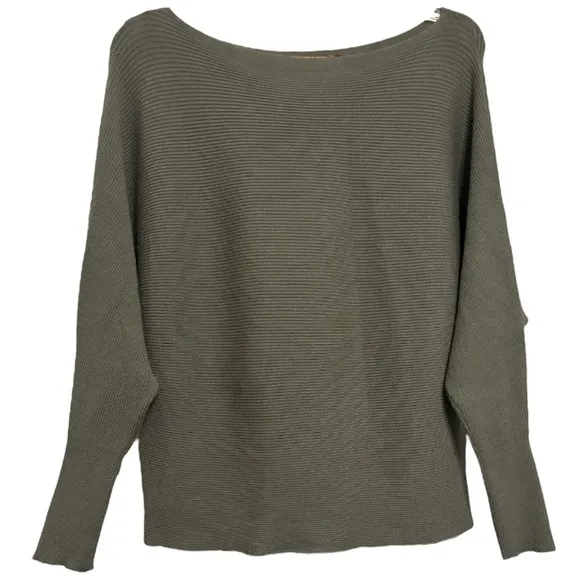 Ribbed Knit Sweater Long Sleeve Lightweight Viscose Olive Green Size Medium