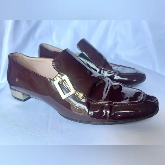 Roger Vivier Polly Burgundy and Gold Patent Leather Loafer Shoes