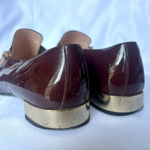 Roger Vivier Polly Burgundy and Gold Patent Leather Loafer Shoes