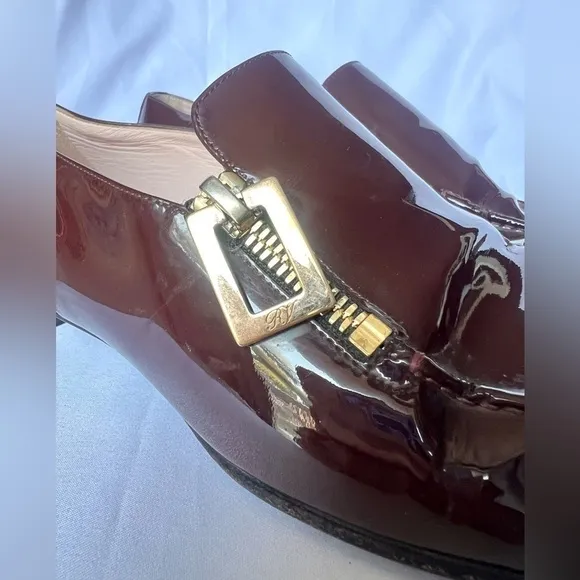 Roger Vivier Polly Burgundy and Gold Patent Leather Loafer Shoes