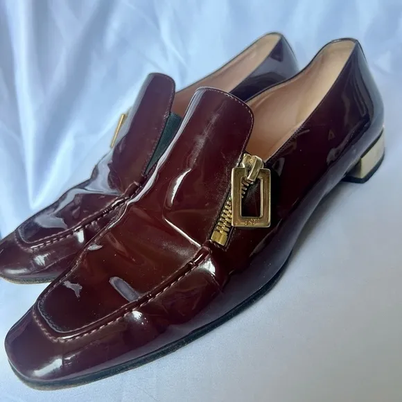 Roger Vivier Polly Burgundy and Gold Patent Leather Loafer Shoes