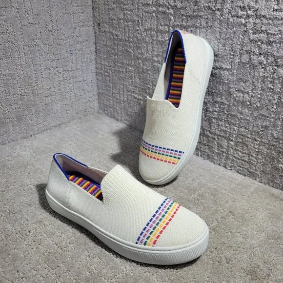 Rothy's The Kid White Rainbow Knit Slip On Sneaker Shoes Big Girl's Size 4 US