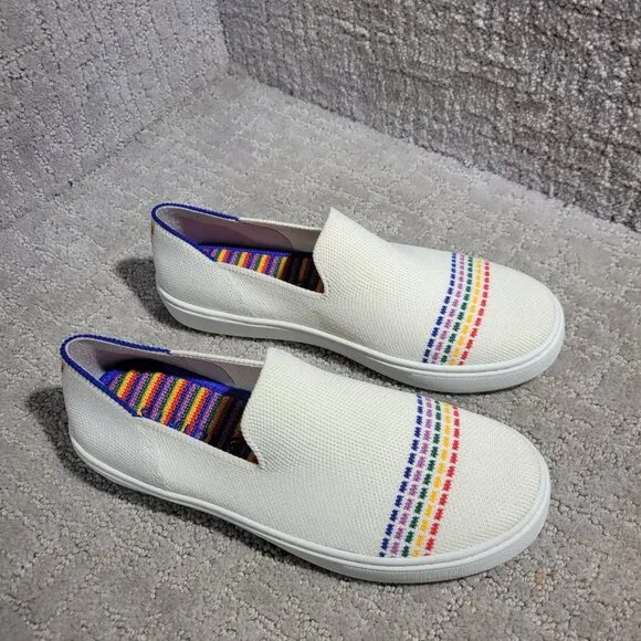 Rothy's The Kid White Rainbow Knit Slip On Sneaker Shoes Big Girl's Size 4 US