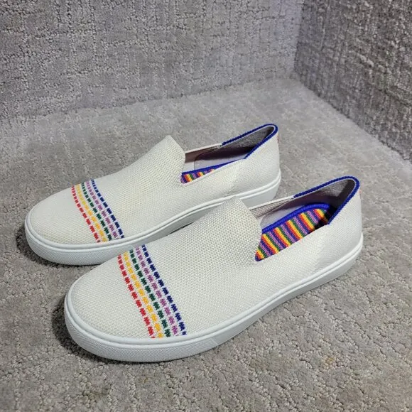 Rothy's The Kid White Rainbow Knit Slip On Sneaker Shoes Big Girl's Size 4 US