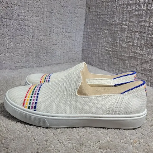 Rothy's The Kid White Rainbow Knit Slip On Sneaker Shoes Big Girl's Size 4 US