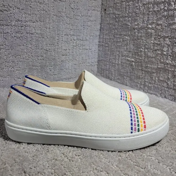 Rothy's The Kid White Rainbow Knit Slip On Sneaker Shoes Big Girl's Size 4 US