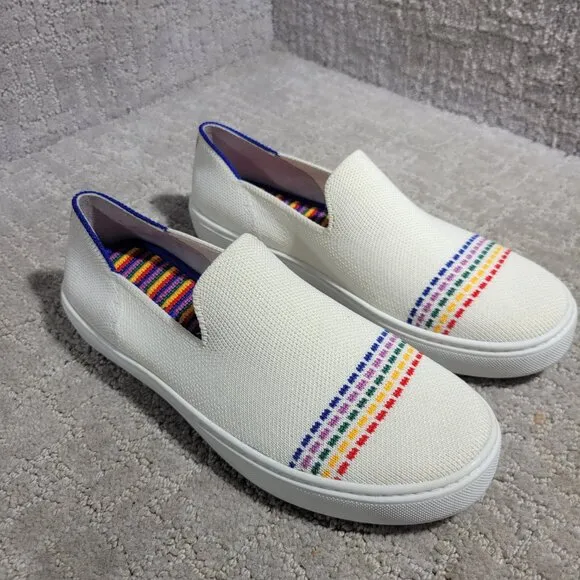 Rothy's The Kid White Rainbow Knit Slip On Sneaker Shoes Big Girl's Size 4 US