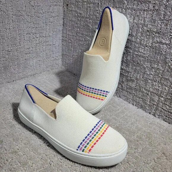 Rothy's The Kid White Rainbow Knit Slip On Sneaker Shoes Big Girl's Size 4 US