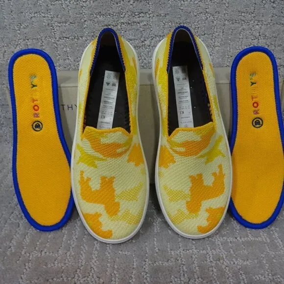 Rothy's The Kid Yellow Puppy Camo Knit Slip On Sneaker Shoes Multiple Sizes