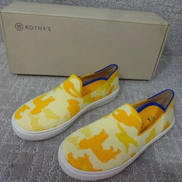 Rothy's The Kid Yellow Puppy Camo Knit Slip On Sneaker Shoes Multiple Sizes