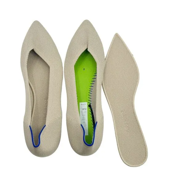Rothy's The Point Toe Ballet Flat Slip-On Comfortable Ecru Beige Size W12 NWOB