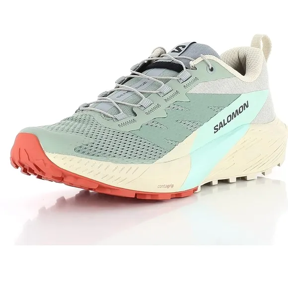 Salomon Green and Cream Sense Ride 5 Trail Shoes