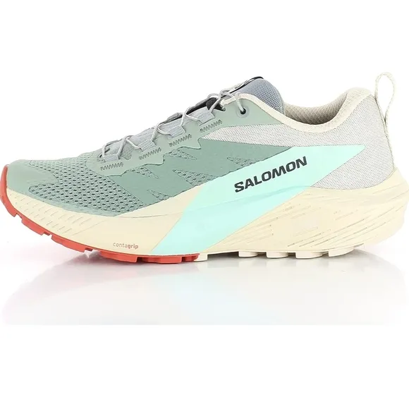 Salomon Green and Cream Sense Ride 5 Trail Shoes
