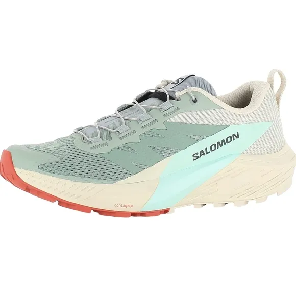 Salomon Green and Cream Sense Ride 5 Trail Shoes
