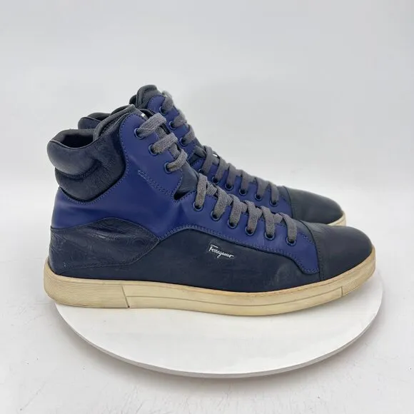 Salvatore Ferragamo Men Size 10D Blue Black Leather Embossed High Top Shoes