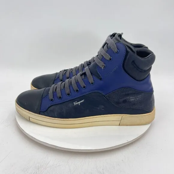 Salvatore Ferragamo Men Size 10D Blue Black Leather Embossed High Top Shoes