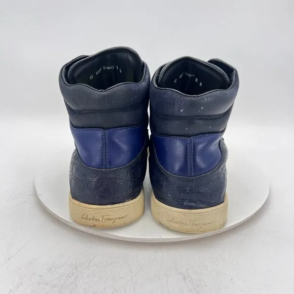 Salvatore Ferragamo Men Size 10D Blue Black Leather Embossed High Top Shoes