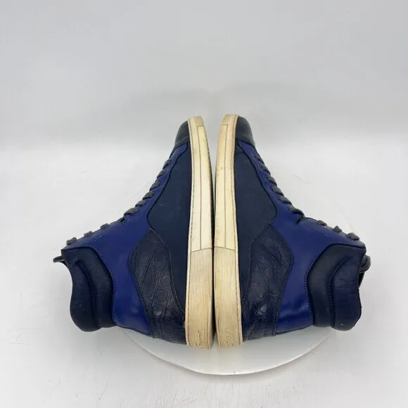 Salvatore Ferragamo Men Size 10D Blue Black Leather Embossed High Top Shoes