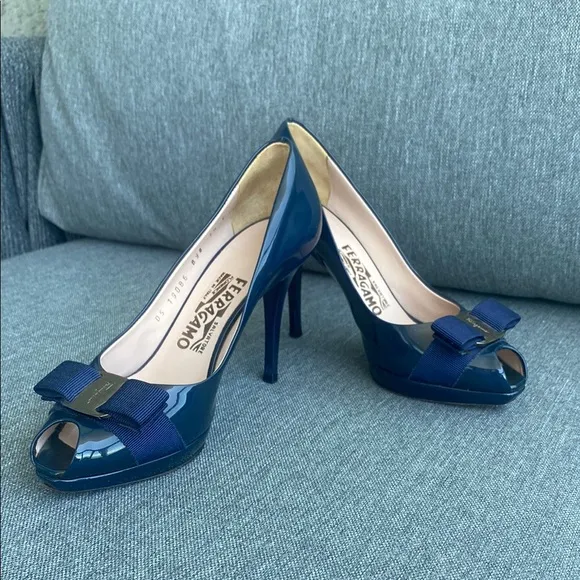 Salvatore Ferragamo Women's Navy Peep Toe Heels