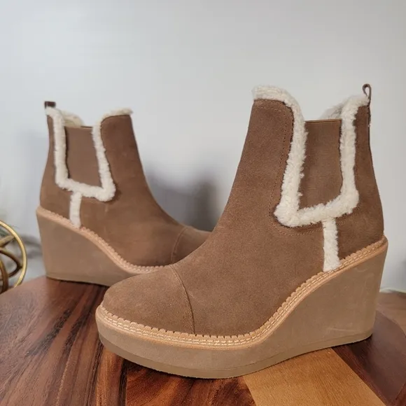 Sam Edelman Reagan Brown Suede Wedge Ankle Boots With Sherpa Trim Size 10