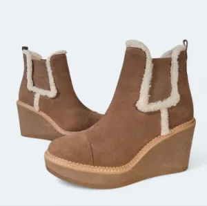 Sam Edelman Reagan Brown Suede Wedge Ankle Boots With Sherpa Trim Size 10
