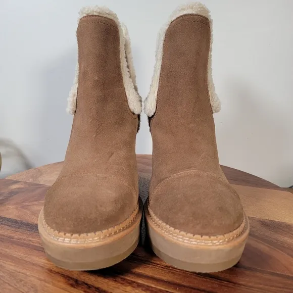Sam Edelman Reagan Brown Suede Wedge Ankle Boots With Sherpa Trim Size 10