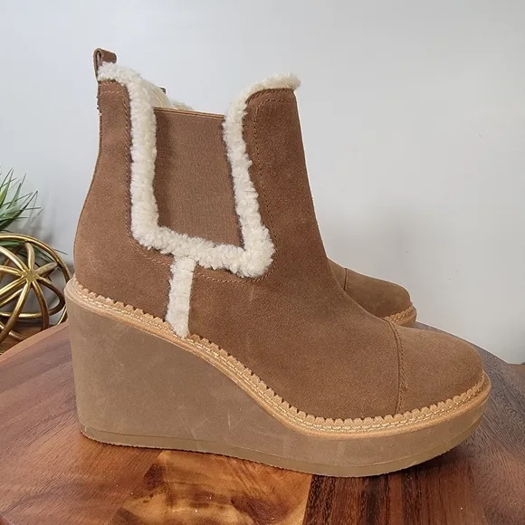 Sam Edelman Reagan Brown Suede Wedge Ankle Boots With Sherpa Trim Size 10