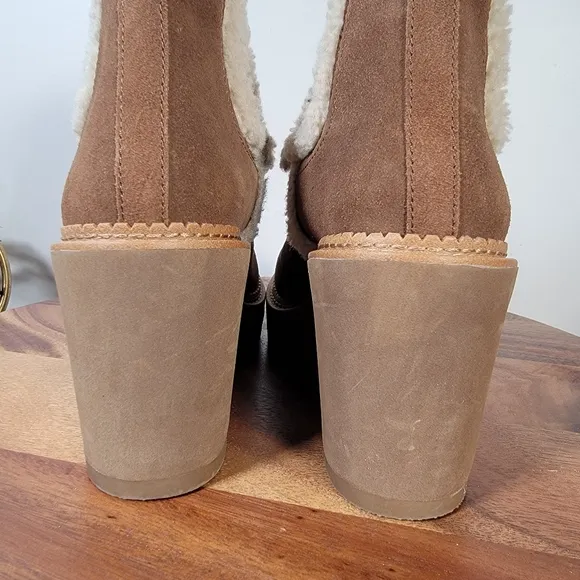 Sam Edelman Reagan Brown Suede Wedge Ankle Boots With Sherpa Trim Size 10