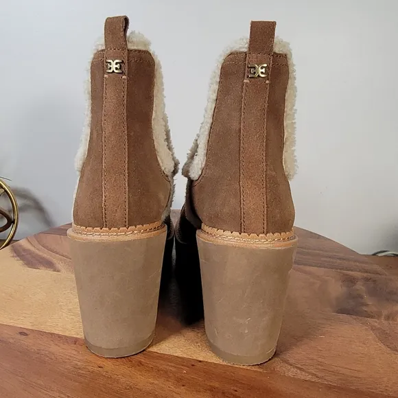 Sam Edelman Reagan Brown Suede Wedge Ankle Boots With Sherpa Trim Size 10