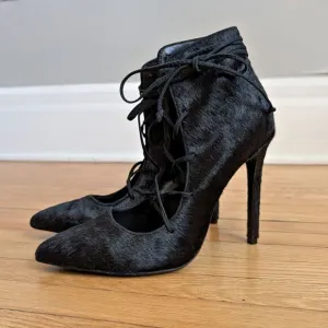 Schutz Alameda Heels Black Calf Hair Shoes Lace Up Stiletto Booties Size 8