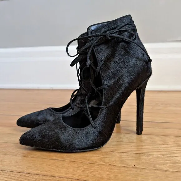 Schutz Alameda Heels Black Calf Hair Shoes Lace Up Stiletto Booties Size 8