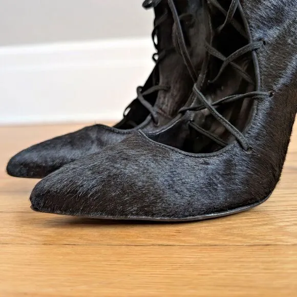 Schutz Alameda Heels Black Calf Hair Shoes Lace Up Stiletto Booties Size 8