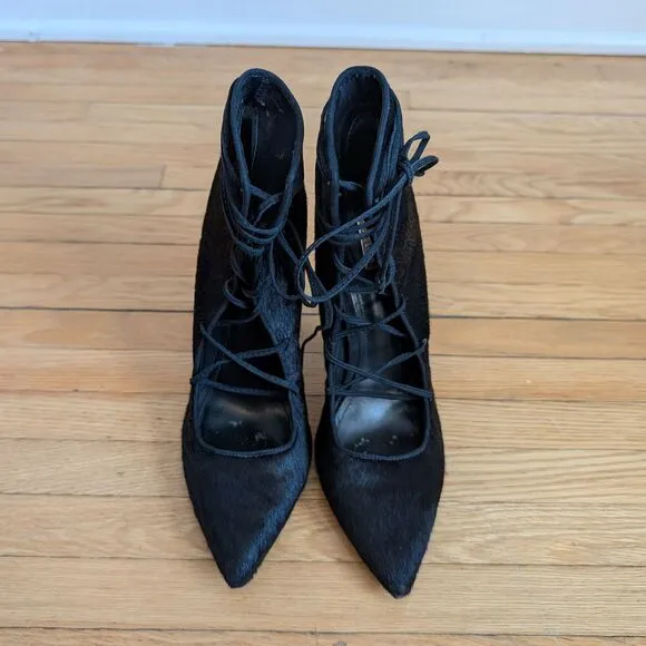 Schutz Alameda Heels Black Calf Hair Shoes Lace Up Stiletto Booties Size 8