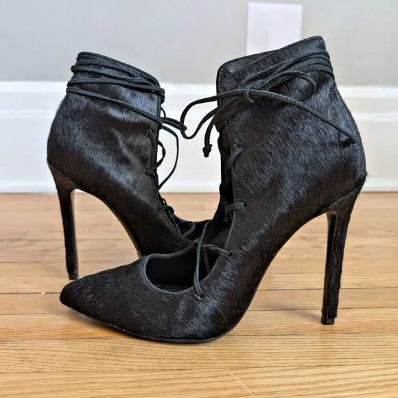 Schutz Alameda Heels Black Calf Hair Shoes Lace Up Stiletto Booties Size 8