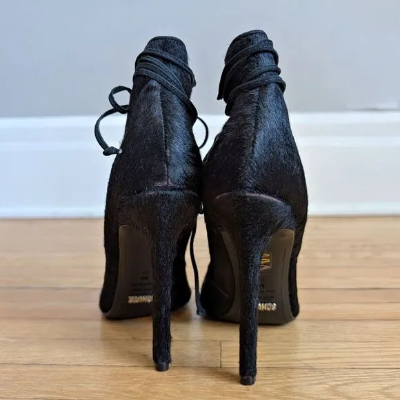 Schutz Alameda Heels Black Calf Hair Shoes Lace Up Stiletto Booties Size 8