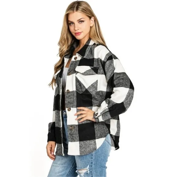 Shacket Thick Heavyweight Flannel Shirt Plaid Black White Check Womens Size XXL