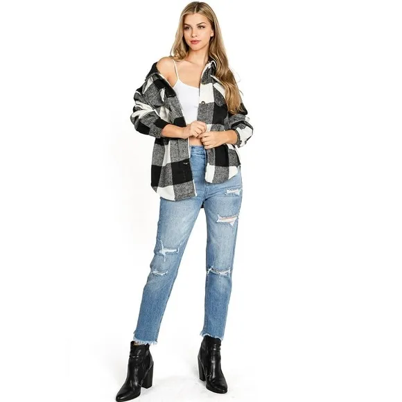 Shacket Thick Heavyweight Flannel Shirt Plaid Black White Check Womens Size XXL