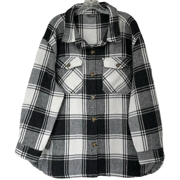 Shacket Thick Heavyweight Flannel Shirt Plaid Black White Check Womens Size XXL